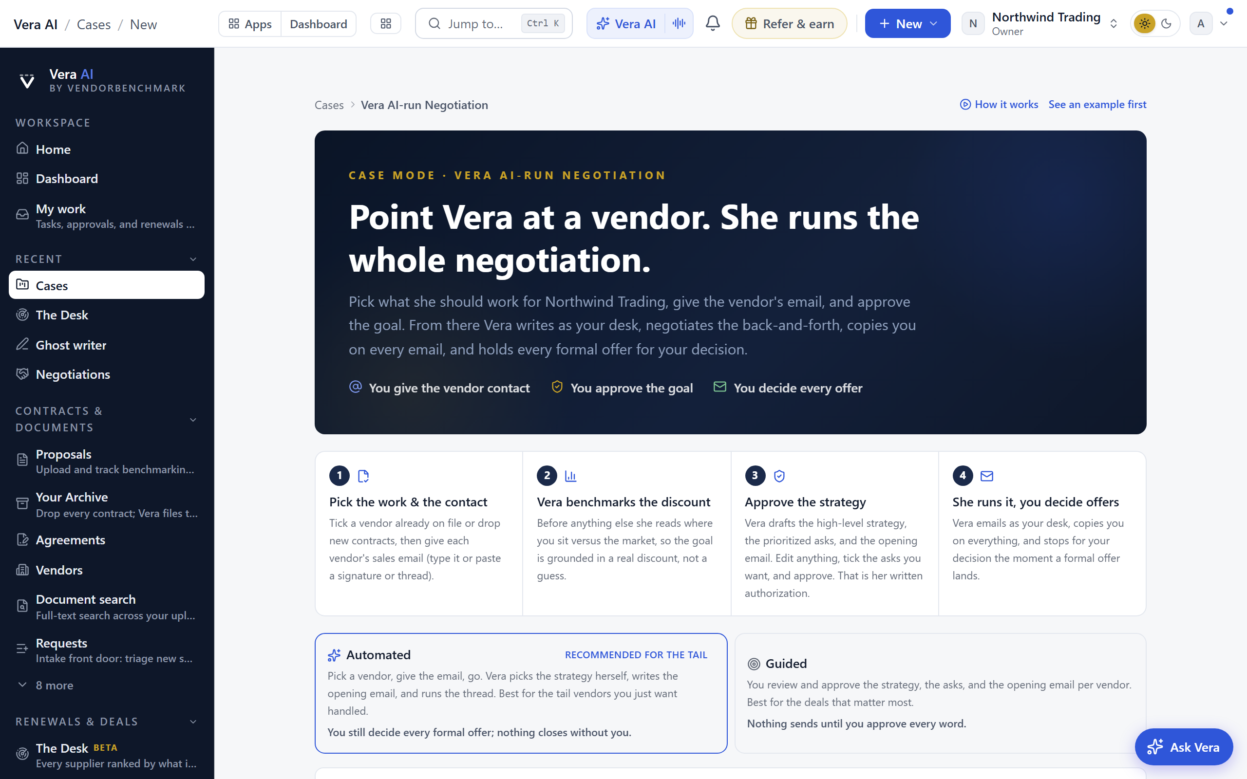 Vera AI-run negotiation (Case Mode) screen