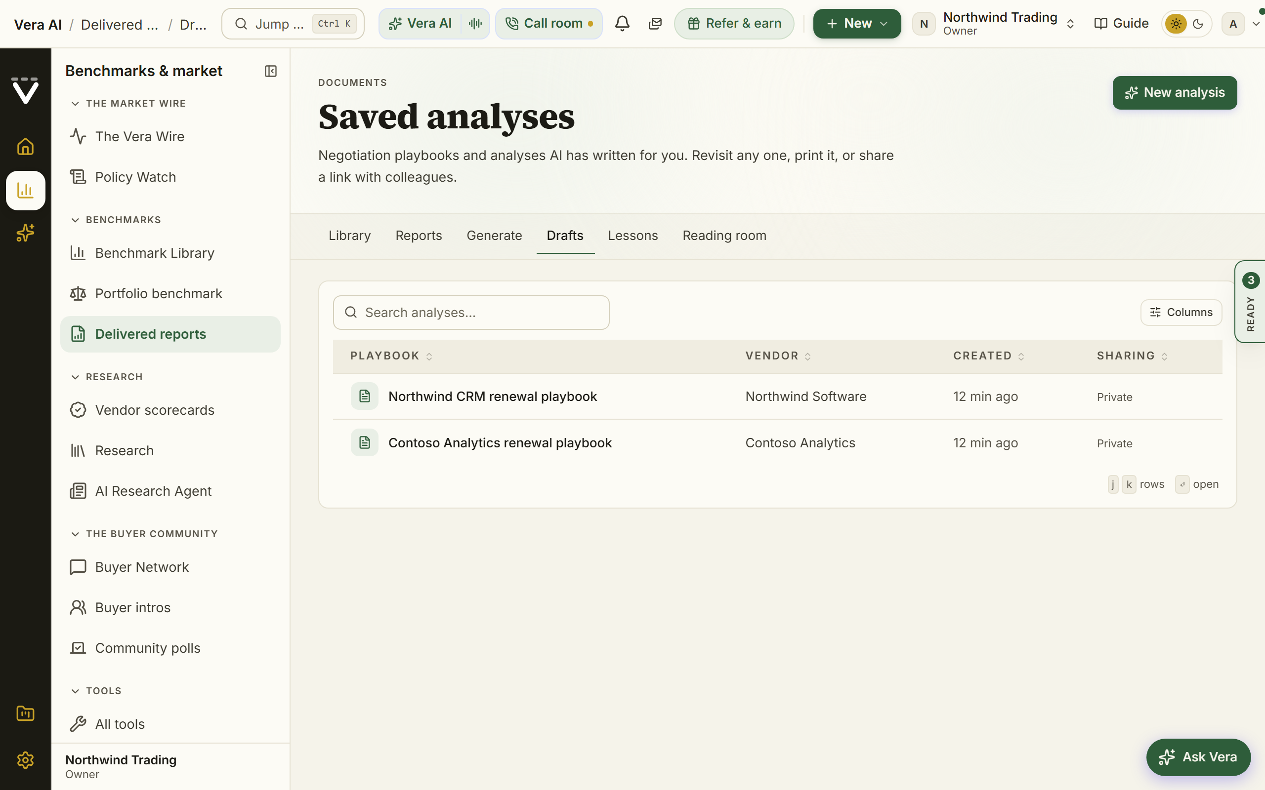 Saved analyses screenshot