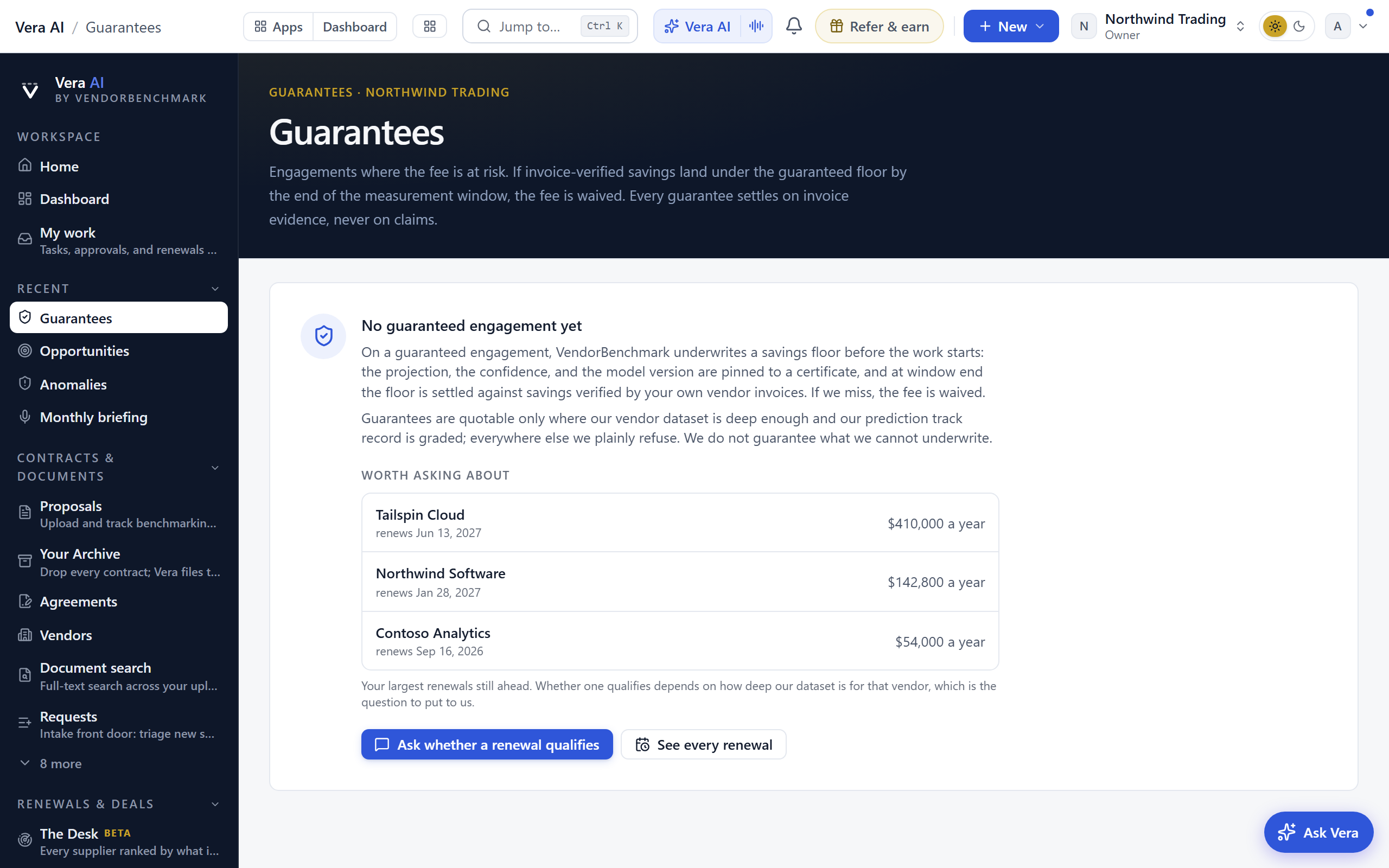 Guarantees screen