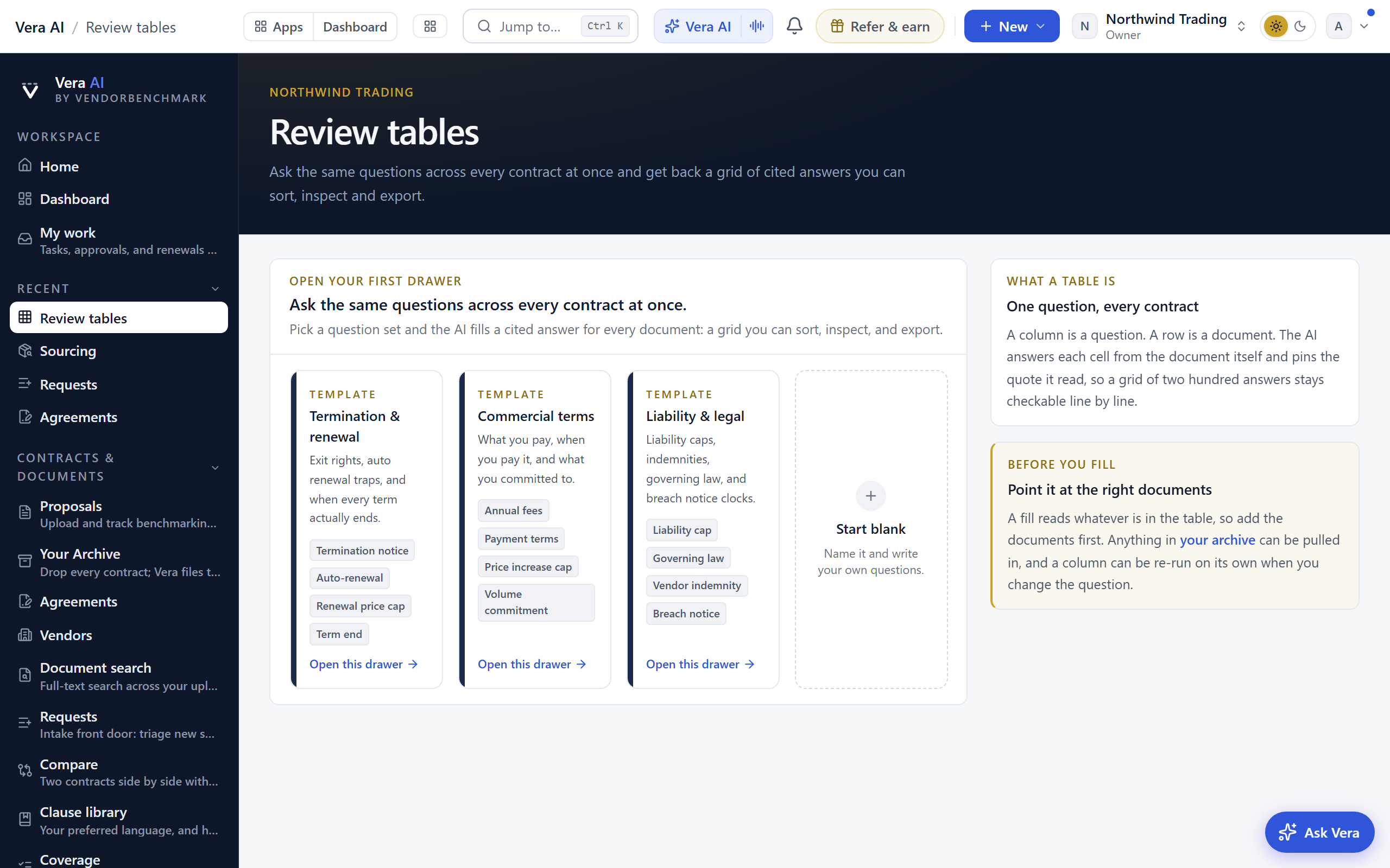 Review tables screen