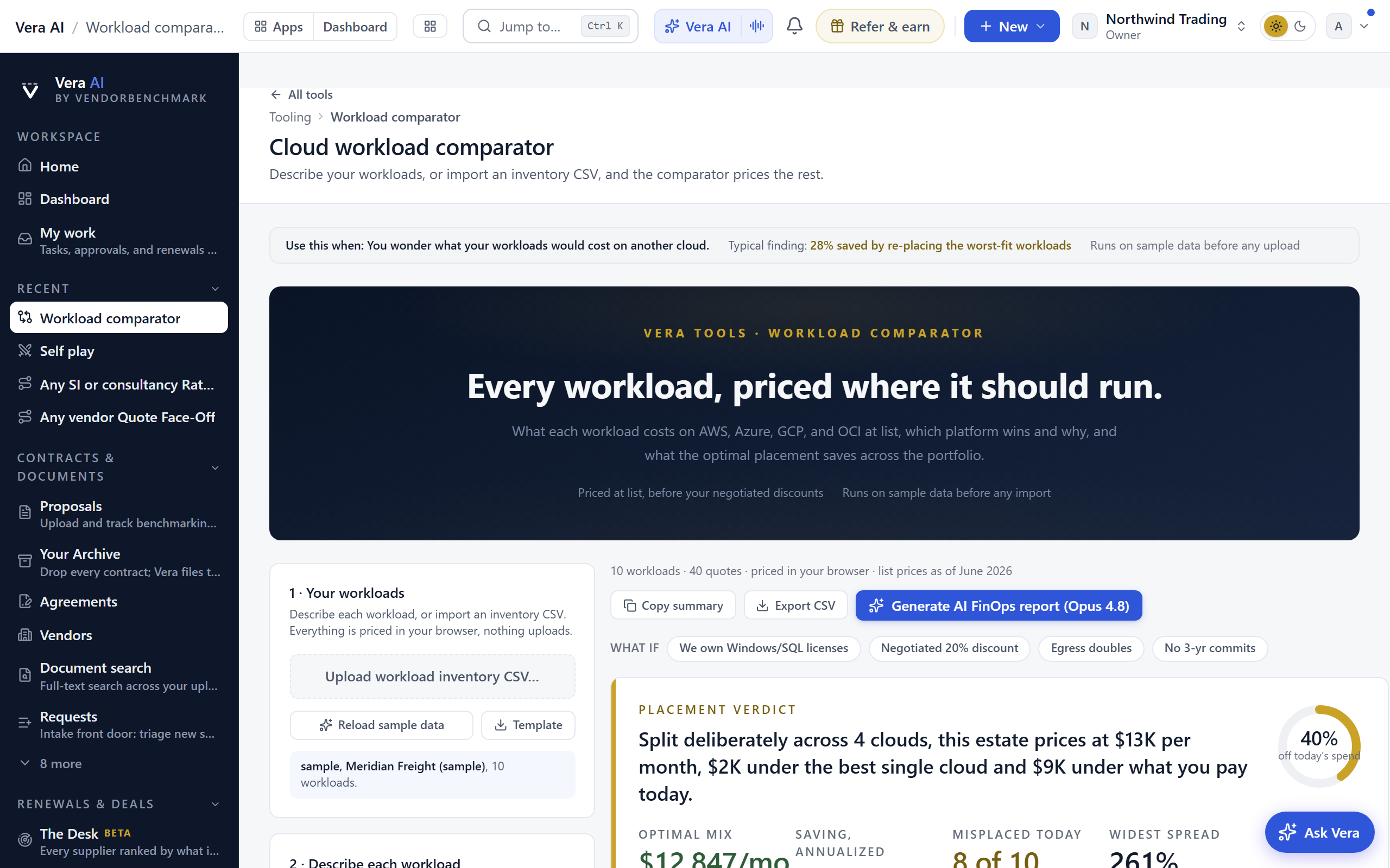Cloud workload comparator screen