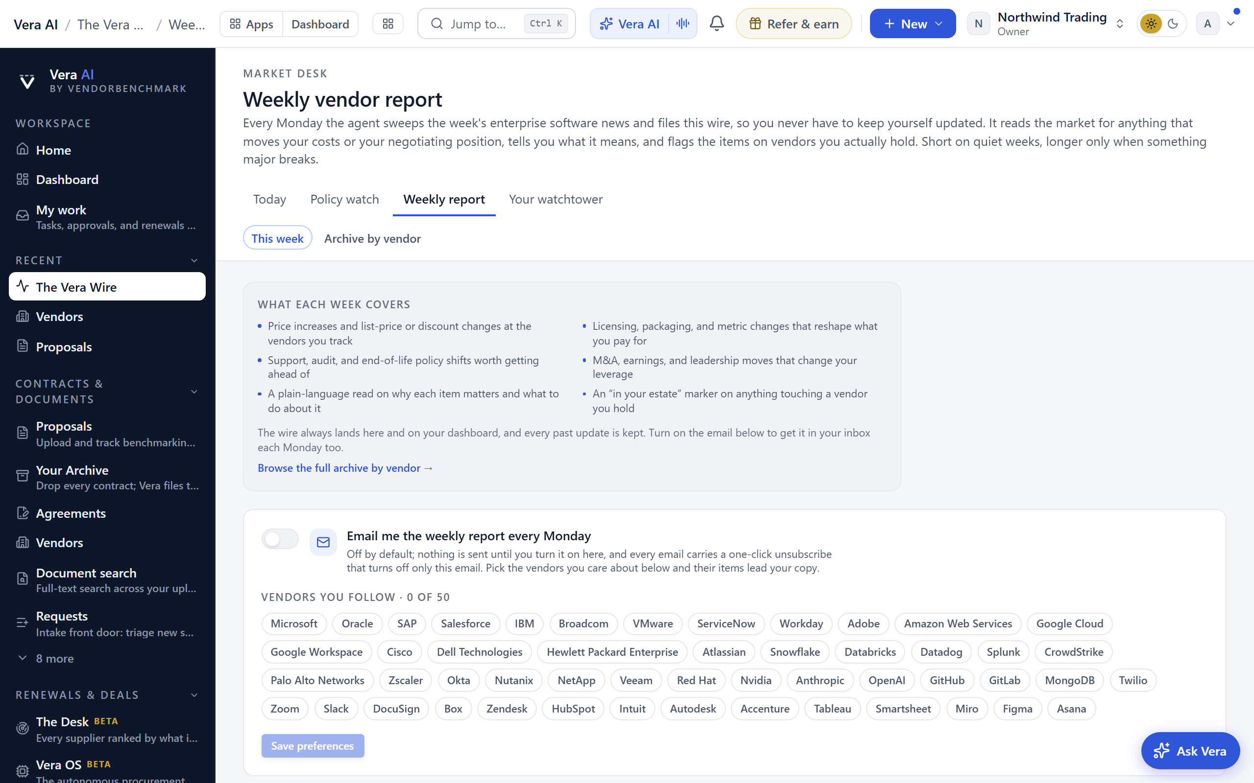 Weekly vendor report screen