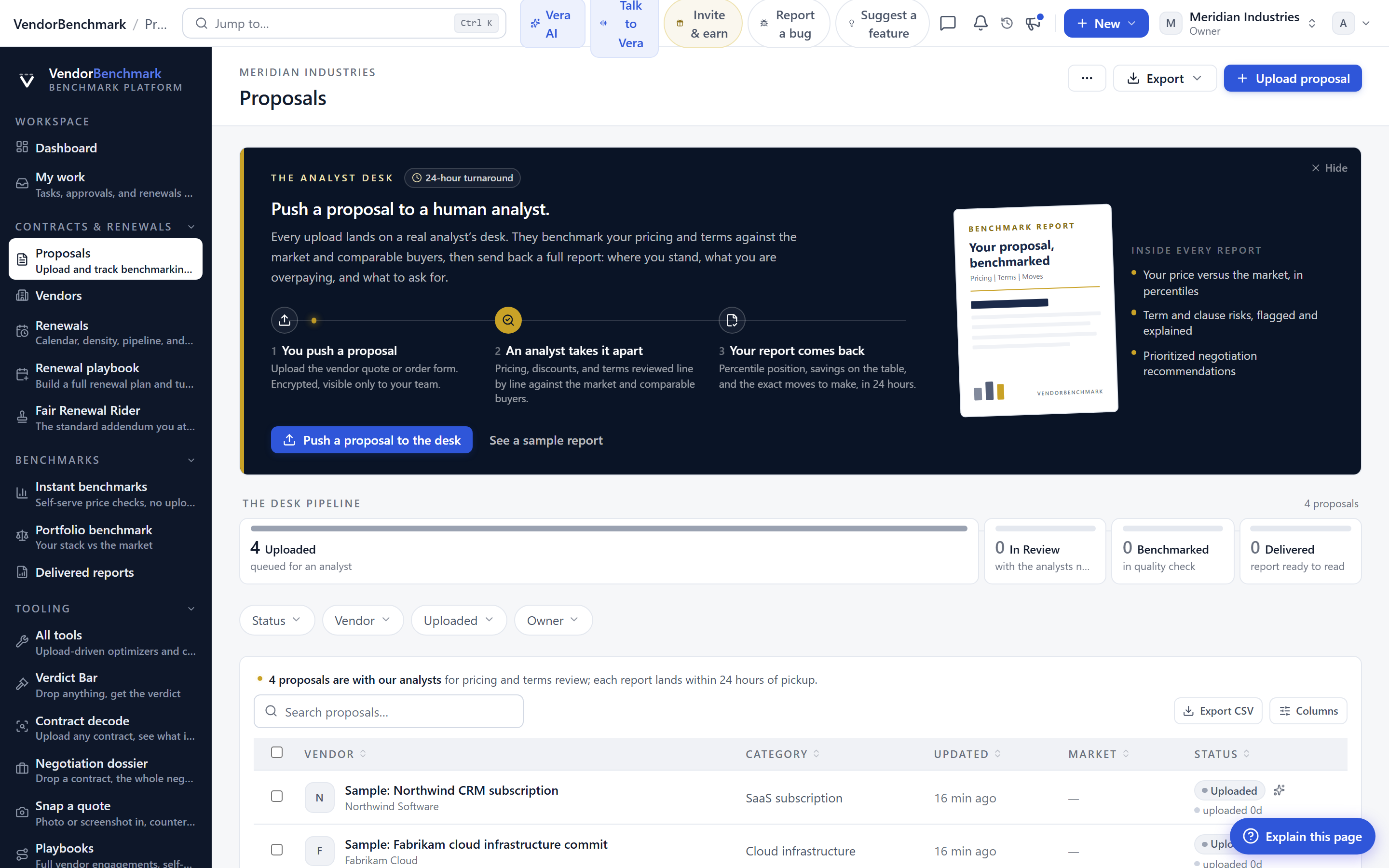 The contract track: upload, let the AI analyst read it, run the redline review, compare against another agreement, and search inside everything you uploaded.
