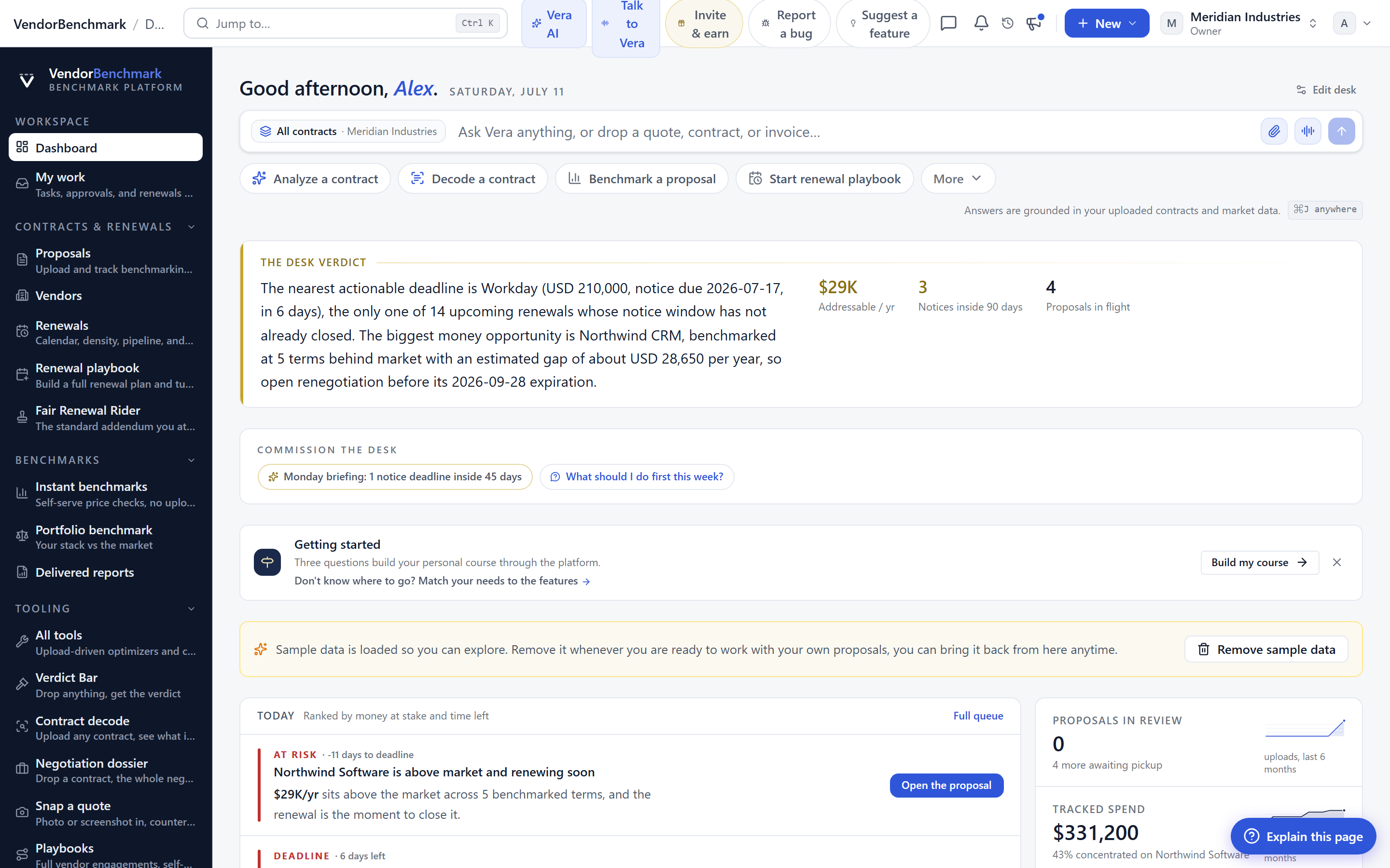 The Vera AI dashboard: the Ask Vera bar with grounded AI answers, quick actions, and the dark workspace rail