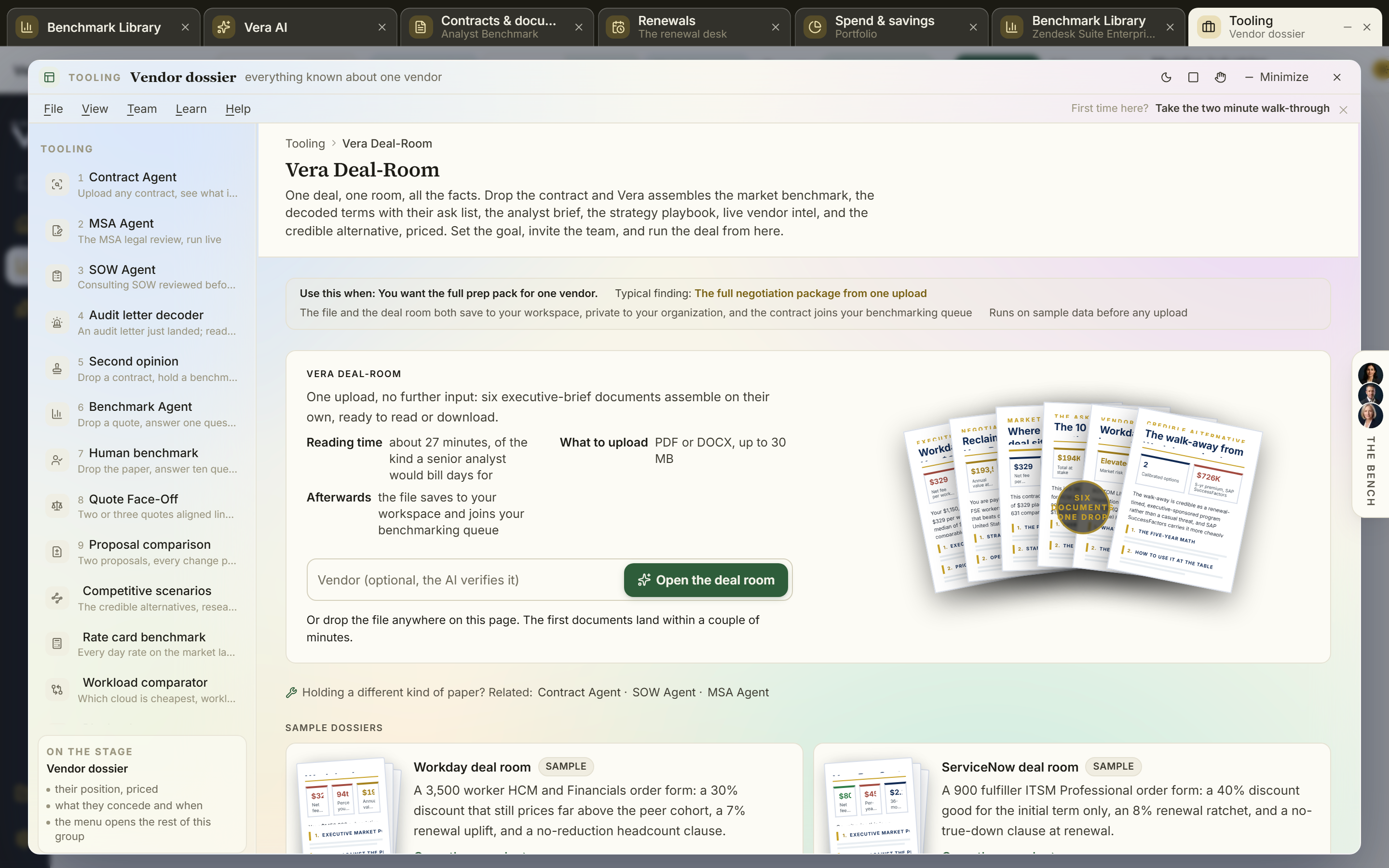 A negotiation dossier assembling benchmark, asks, brief, and walk-away as PDFs