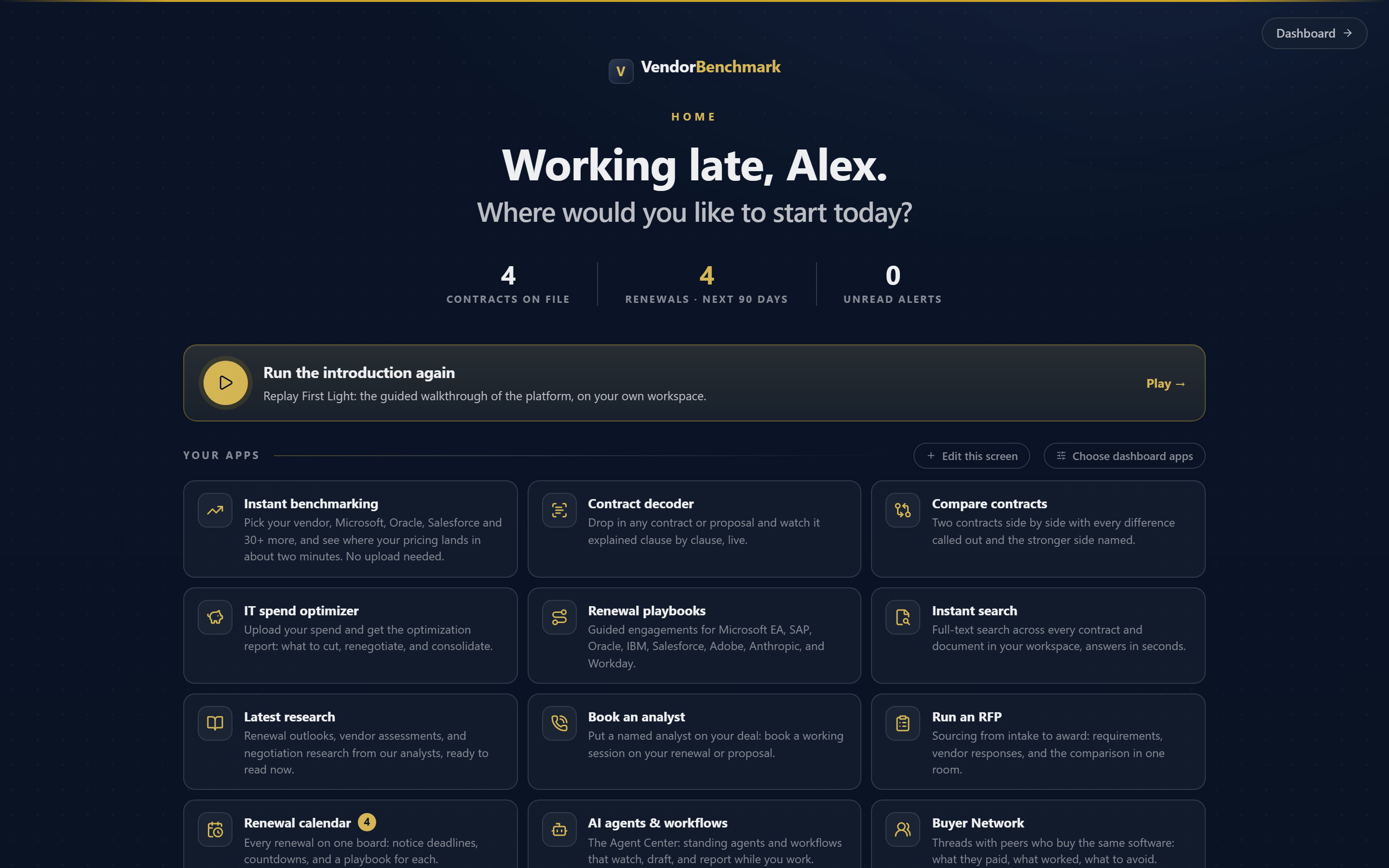 App mode: the Vera AI home screen of apps on the dark navy stage