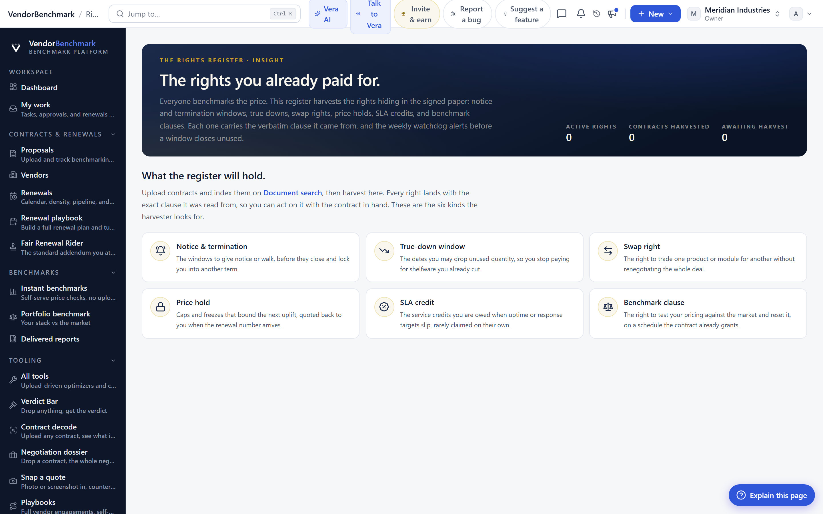 Rights register: true-downs, swap windows, price holds, and SLA credits tracked with expiry alerts.