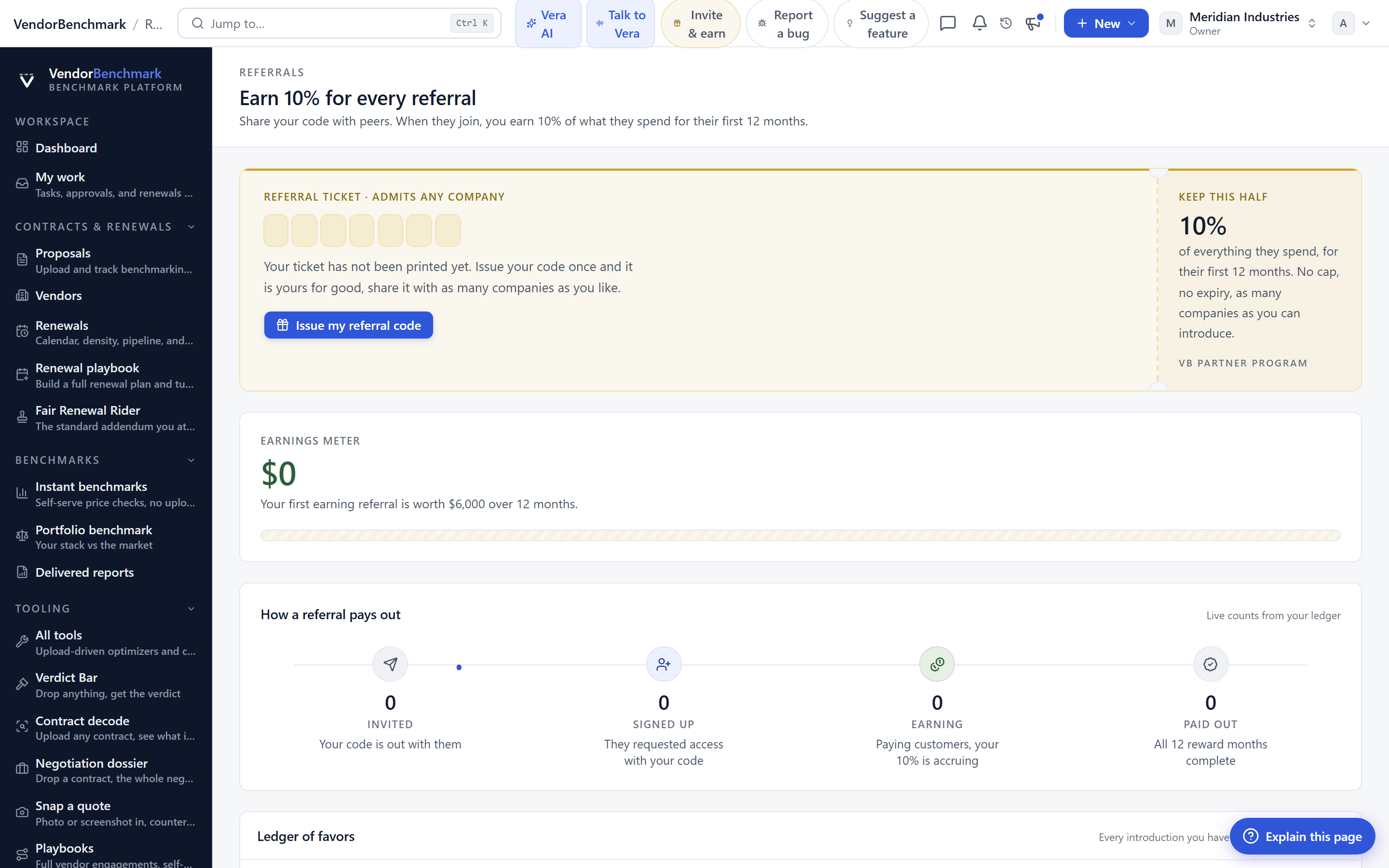 The Vera AI referrals dashboard: your invite link, an earnings meter, and the Invited to Paid out pipeline