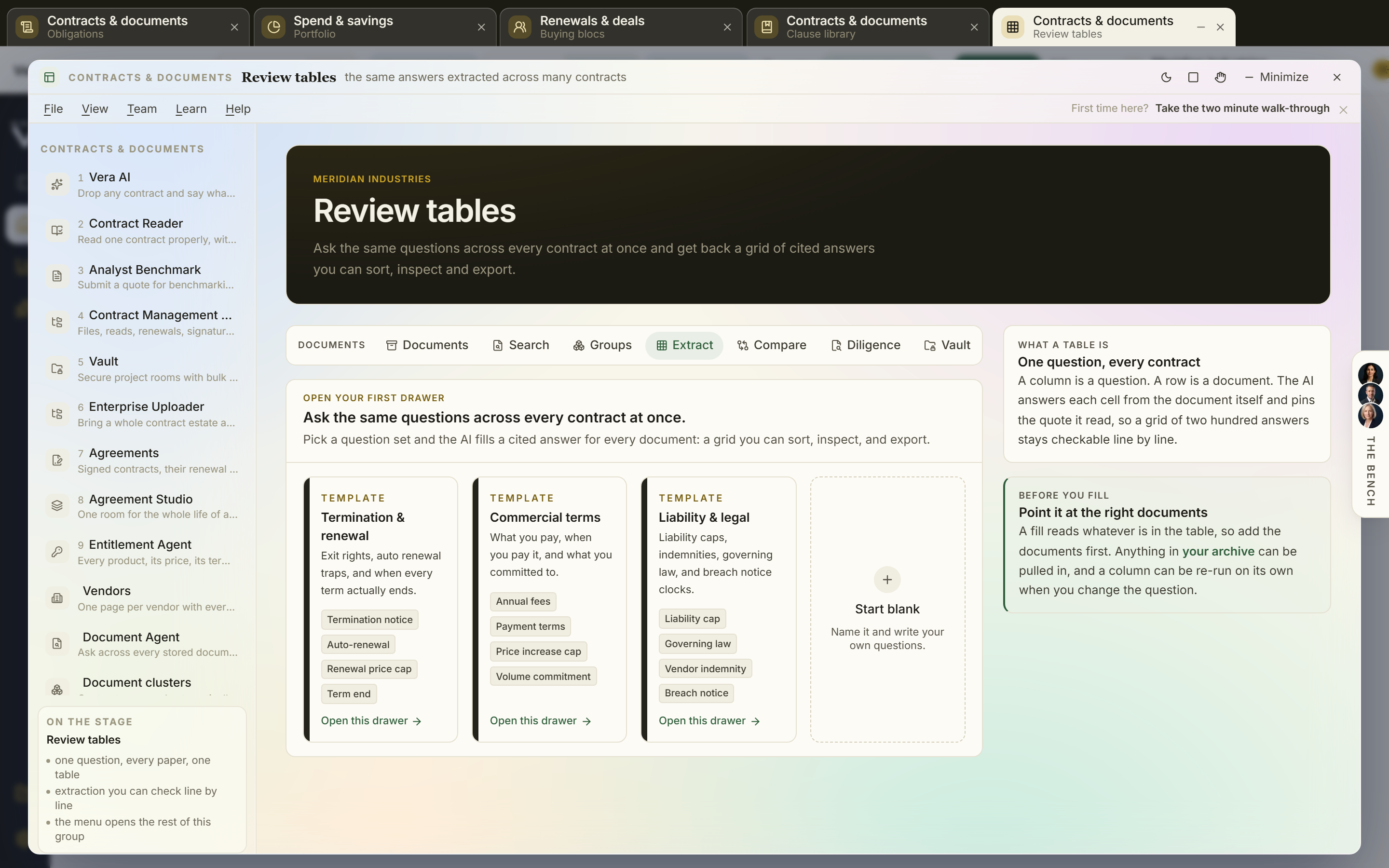 Review table answering one question across every contract with citations