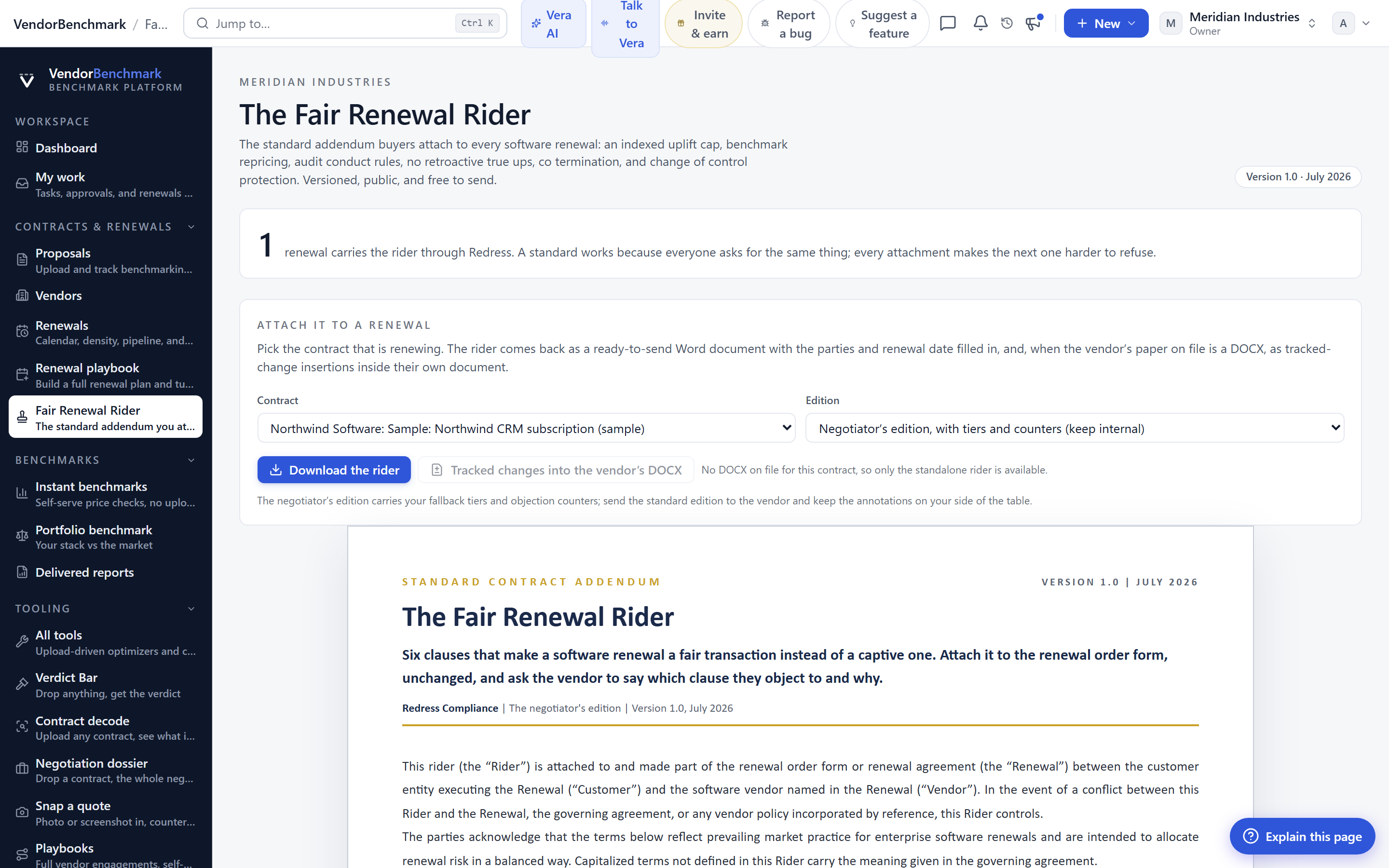The Fair Renewal Rider: uplift cap, benchmark repricing, audit conduct, and change-of-control clauses merged as tracked changes.