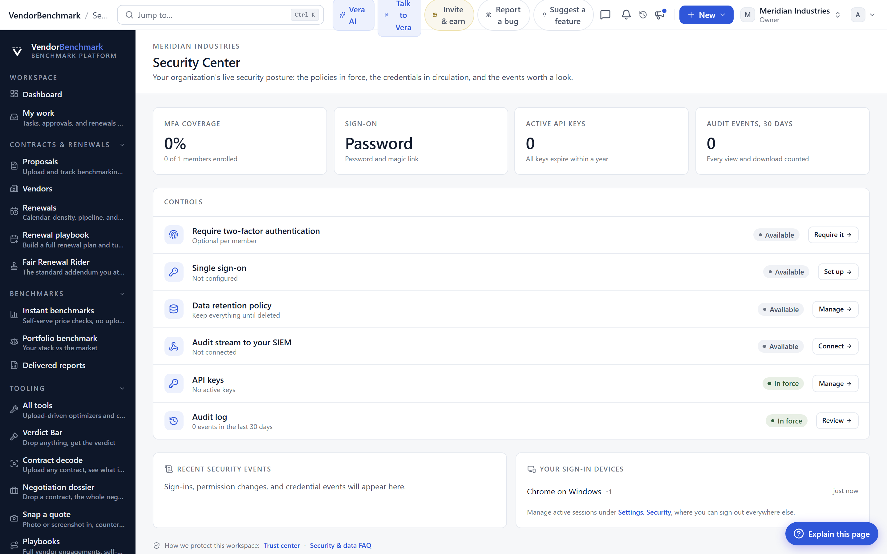 The Vera AI Security Center: MFA coverage, SSO enforcement, retention policy, API keys, and the audit stream