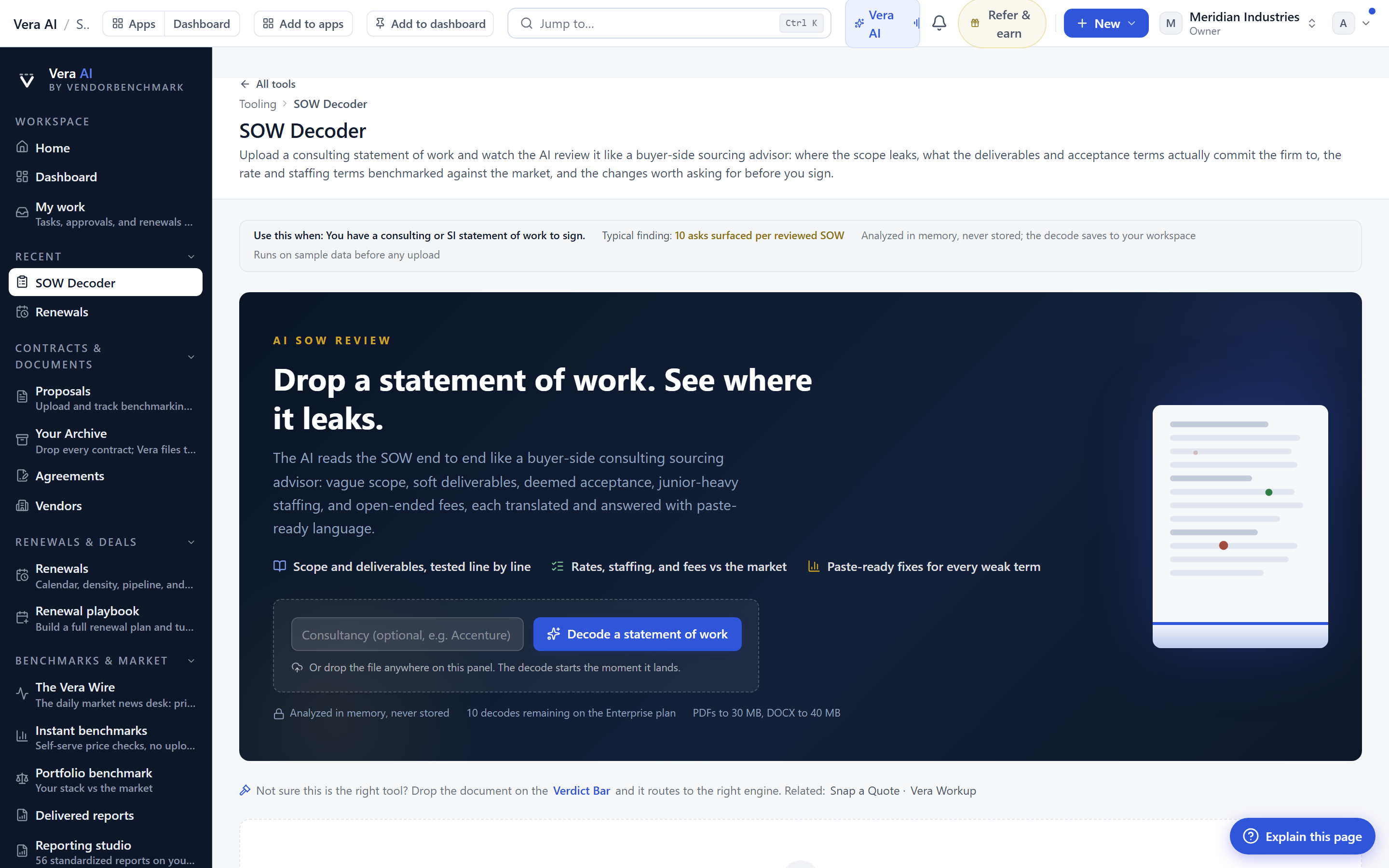 The SOW Decoder: drop a consulting statement of work and watch the buyer-side review run live