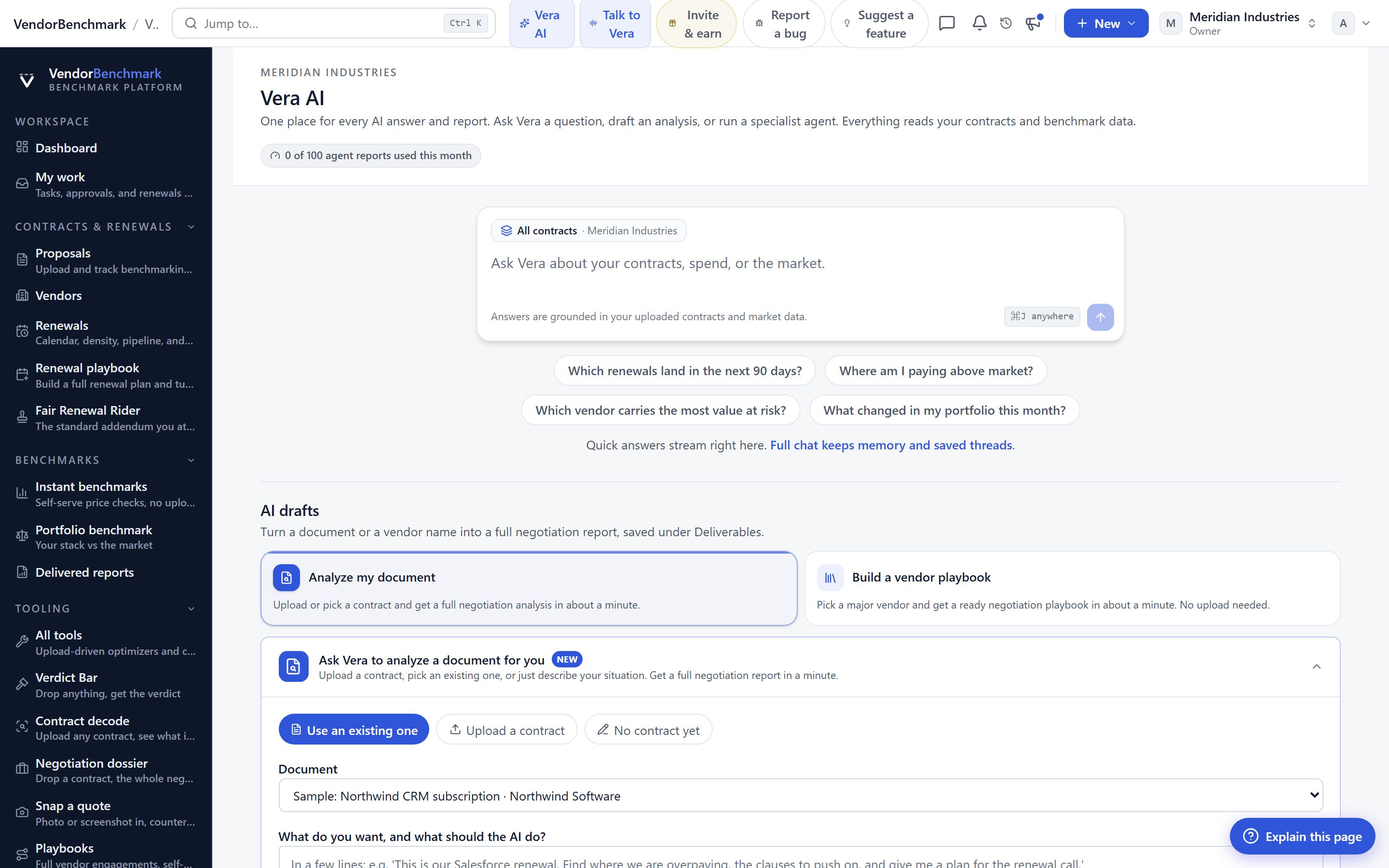 Vera, the AI procurement analyst, answering questions grounded in contracts and market data