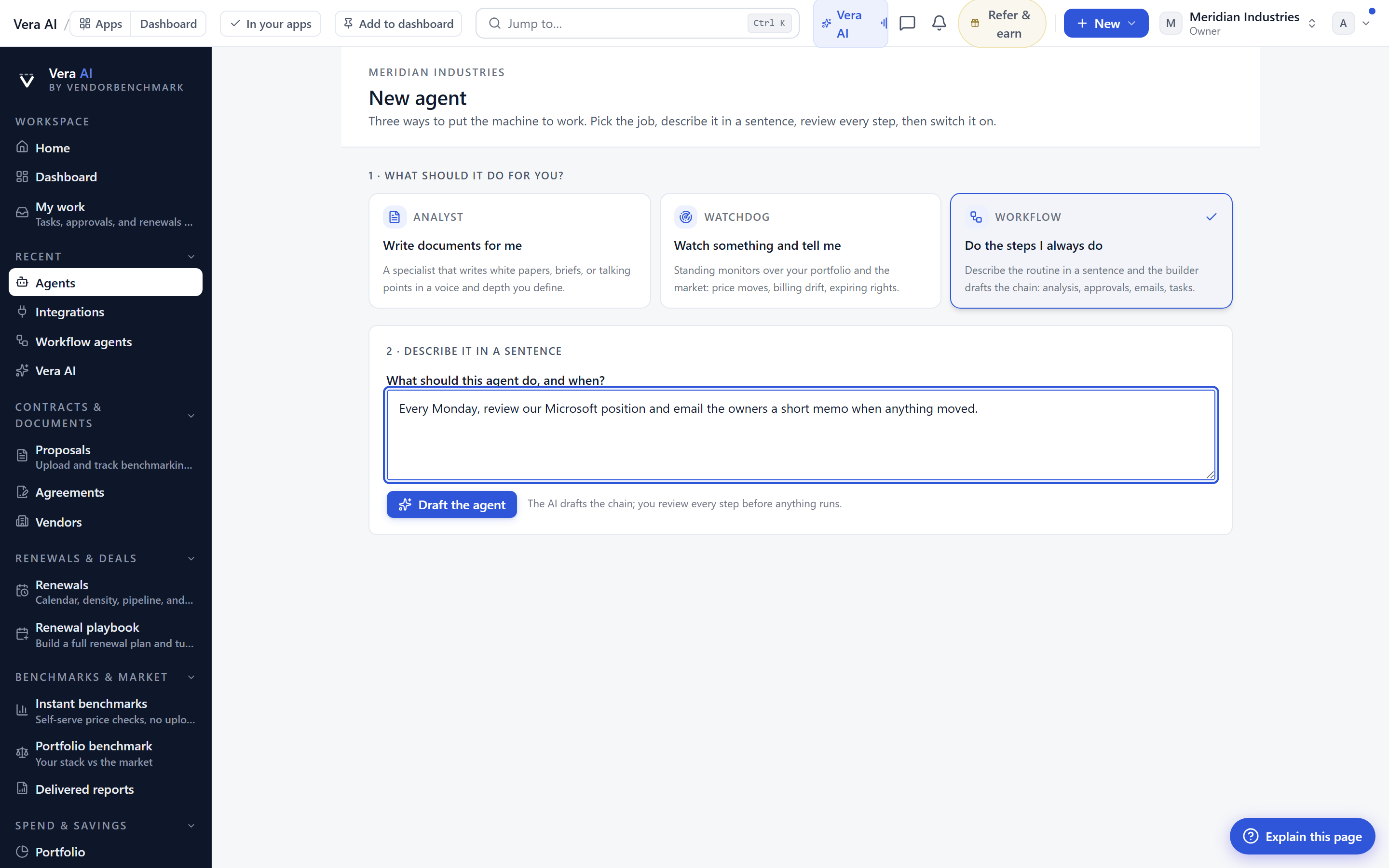 The no-code workflow builder: name the workflow, pick a trigger, and stack AI analysis, if/then, email, Slack, and task steps