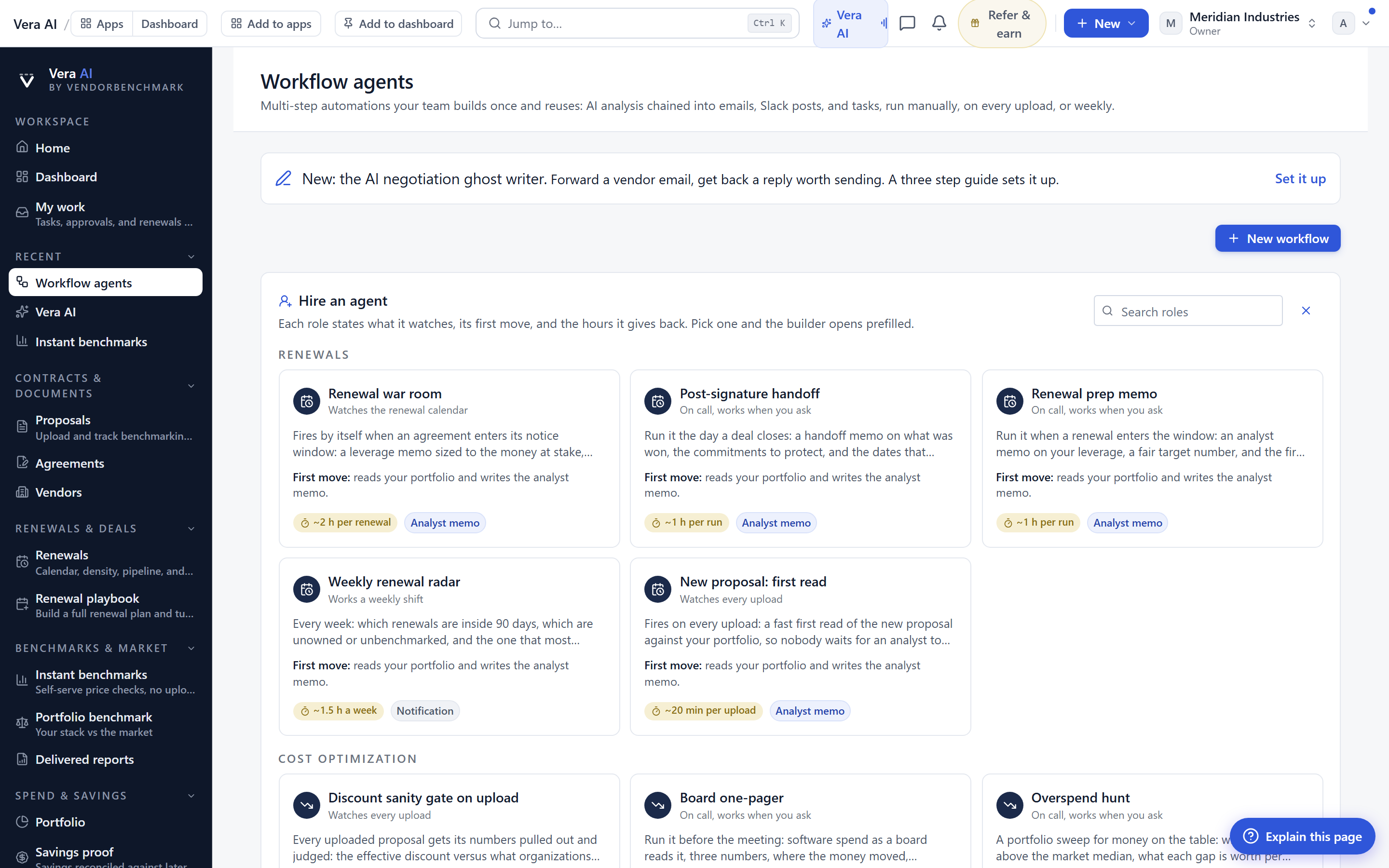 The workflow agent gallery: hire an agent, each role states what it watches, its first move, and the hours it gives back